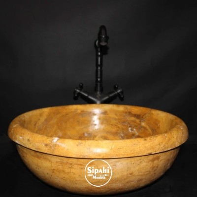 Sarı Traverten Çanak Başlıklı Lavabo Sarı Traverten Çanak Başlıklı Lavabo
